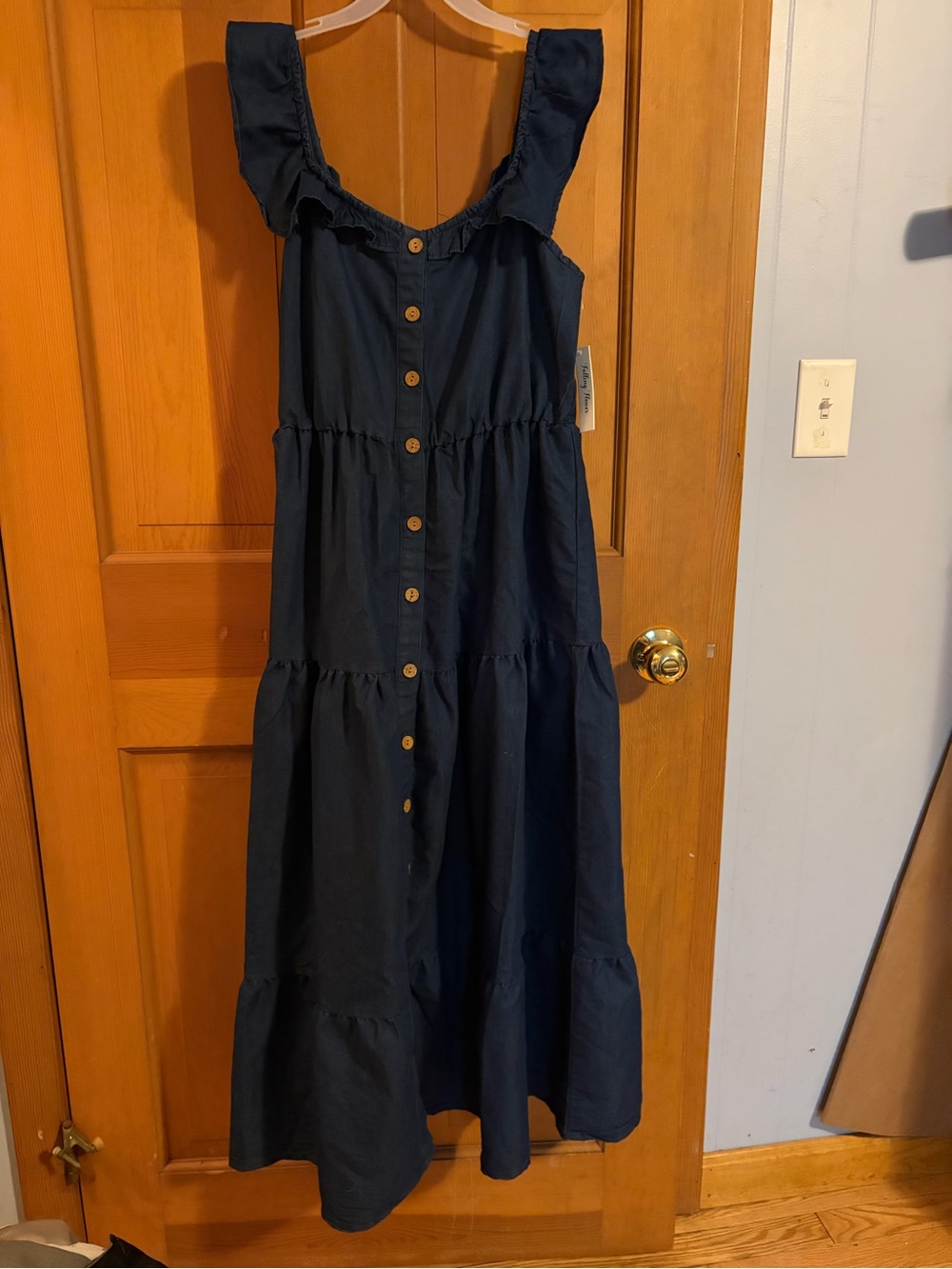 Navy Button-Front Tiered Midi Dress